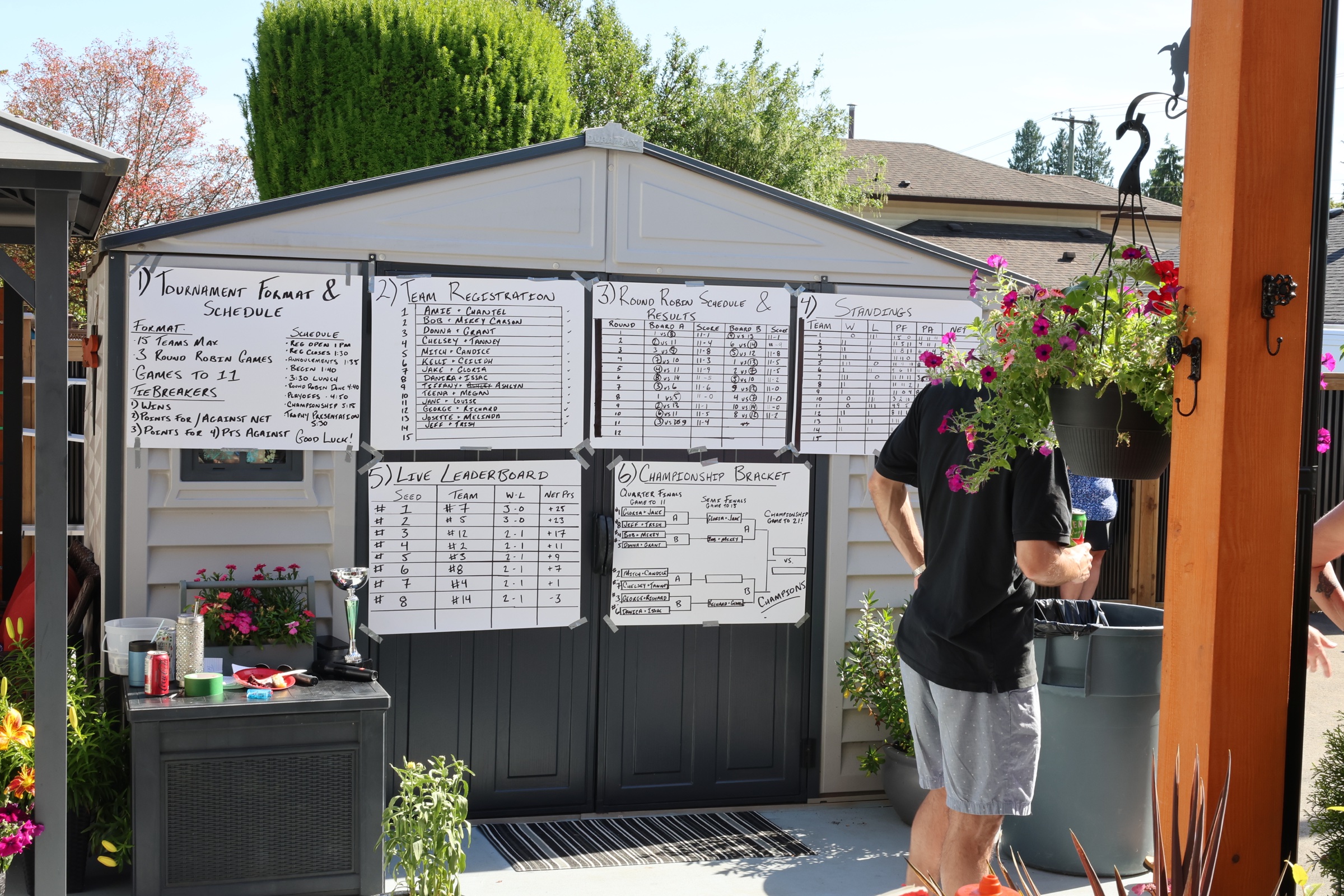 Corn Hole Tournament schedule, team registration, standings, and championship bracket displayed together
